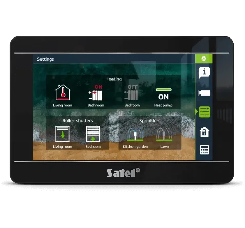 Czarny manipulator dotykowy Satel INT-TSI wyświetlający menu sterowania ogrzewaniem, roletami i podlewaniem ogrodu - inteligentny dom Winkam Rybnik.