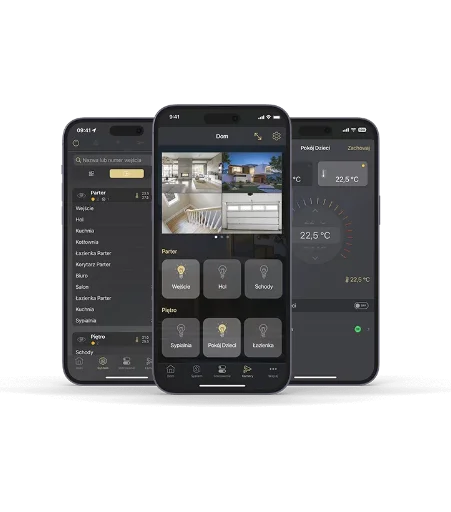 Trzy telefony z aplikacją Satel Integra wyświetlające monitoring, alarm oraz sterowanie temperaturą i oświetleniem – montaż Winkam Rybnik. Najlepsze instalacje niskonapięciowe w okolicy.
